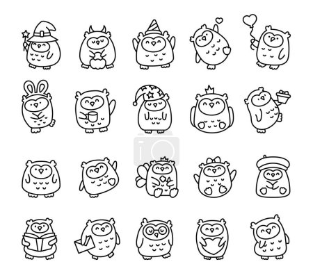 Illustration for Cute kawaii owl. Coloring Page. Cartoon funny wild animals character. Hand drawn style. Vector drawing. Collection of design elements. - Royalty Free Image