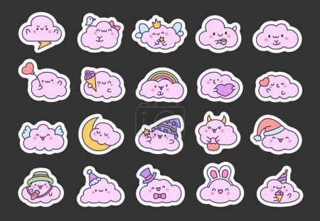 Illustration for Cute and kawaii cloud. Sticker Bookmark. Cartoon weather character. Hand drawn style. Vector drawing. Collection of design elements. - Royalty Free Image