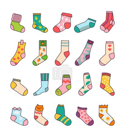 Illustration for Winter warm socks. Stylish cotton and woolen with different textures. Hand drawn style. Vector drawing. Collection of design elements. - Royalty Free Image
