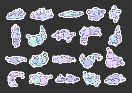 Illustration for Soap foam set with bubbles. Sticker Bookmark. Suds of bath, shampoo, shaving, mousse. Cloudy frame and corner. Hand drawn style. Vector drawing. Collection of design elements. - Royalty Free Image