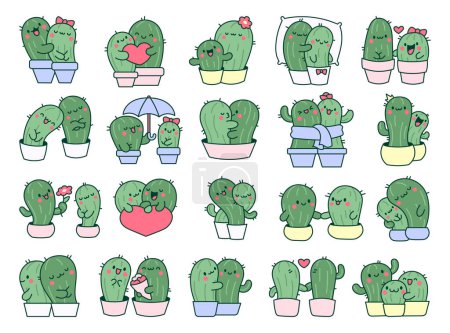Illustration for Kawaii cactus hug. Cute cartoon cacti couple in love. Funny plant characters in pots. Hand drawn style. Vector drawing. Collection of design elements. - Royalty Free Image