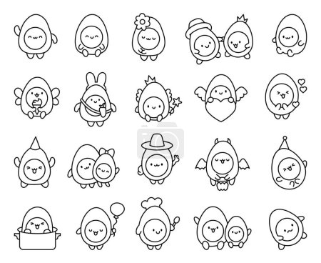 Illustration for Cute kawaii boiled egg with funny faces. Coloring Page. Cartoon happy food characters. Hand drawn style. Vector drawing. Collection of design elements. - Royalty Free Image