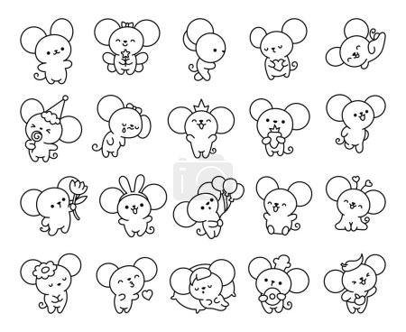 Illustration for Cute kawaii mouse. Coloring Page. Cartoon happy baby rat characters. Hand drawn style. Vector drawing. Collection of design elements. - Royalty Free Image