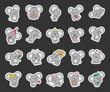 Illustration for Cute kawaii mouse. Sticker Bookmark. Cartoon happy baby rat characters. Hand drawn style. Vector drawing. Collection of design elements. - Royalty Free Image