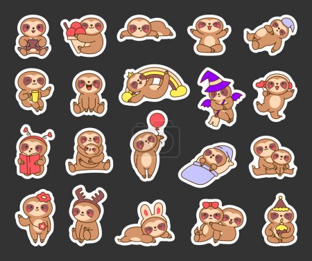 Illustration for Cute kawaii baby sloth. Sticker Bookmark. Cartoon funny animal character. Hand drawn style. Vector drawing. Collection of design elements. - Royalty Free Image