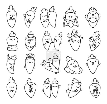 Illustration for Kawaii carrot with funny faces. Coloring Page. Cute cartoon happy food characters. Hand drawn style. Vector drawing. Collection of design elements. - Royalty Free Image