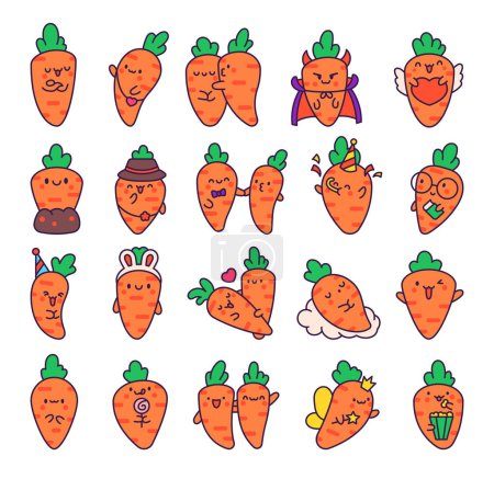 Illustration for Kawaii carrot with funny faces. Cute cartoon happy food characters. Hand drawn style. Vector drawing. Collection of design elements. - Royalty Free Image