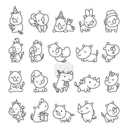 Illustration for Cute kawaii rhino. Coloring Page. Cartoon funny rhinoceros. Animal character. Hand drawn style. Vector drawing. Collection of design elements. - Royalty Free Image