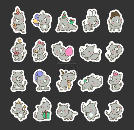 Illustration for Cute kawaii rhino. Sticker Bookmark. Cartoon funny rhinoceros. Animal character. Hand drawn style. Vector drawing. Collection of design elements. - Royalty Free Image