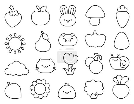 Illustration for Cartoon farm elements and characters. Coloring Page. Hand drawn style. Vector drawing. Collection of design elements. - Royalty Free Image