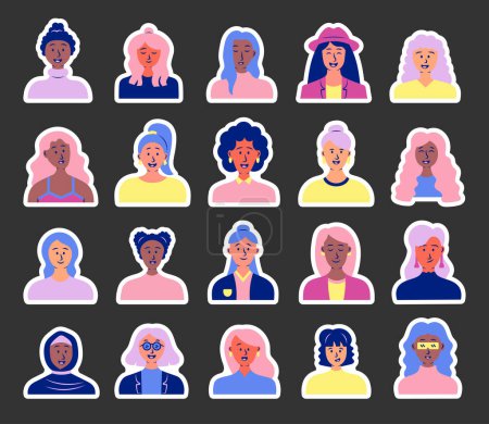 Illustration for Women avatars. Sticker Bookmark. Portrait of casual female with different hairstyles and outfits. User profiles. Hand drawn style. Vector drawing. Collection of design elements. - Royalty Free Image