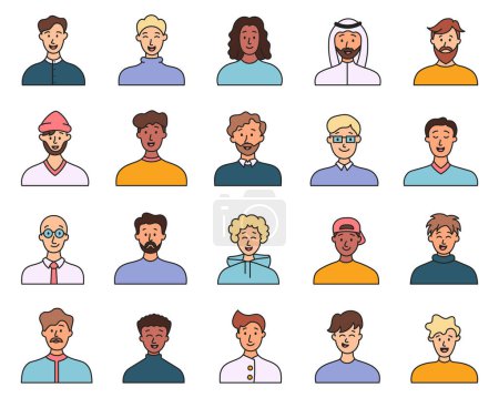 Illustration for Men avatars. Portrait of casual male with different hairstyles and outfits. User profiles. Hand drawn style. Vector drawing. Collection of design elements. - Royalty Free Image
