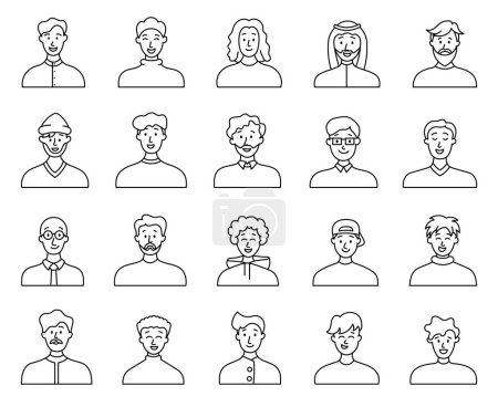 Illustration for Men avatars. Coloring Page. Portrait of casual male with different hairstyles and outfits. User profiles. Hand drawn style. Vector drawing. Collection of design elements. - Royalty Free Image