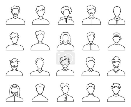 Illustration for Men face avatars. Coloring Page. Unknown or anonymous person. Different male profile. Hand drawn style. Vector drawing. Collection of design elements. - Royalty Free Image