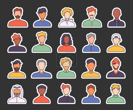 Illustration for Men face avatars. Sticker Bookmark. Unknown or anonymous person. Different male profile. Hand drawn style. Vector drawing. Collection of design elements. - Royalty Free Image
