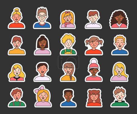 Illustration for Kids different user profile. Sticker Bookmark. Pretty girl and boy. Young people. Vector drawing. Collection of design elements. - Royalty Free Image