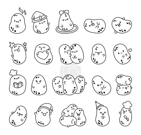 Illustration for Cute happy potato character. Coloring Page. Cartoon kawaii food with funny face. Hand drawn style. Vector drawing. Collection of design elements. - Royalty Free Image