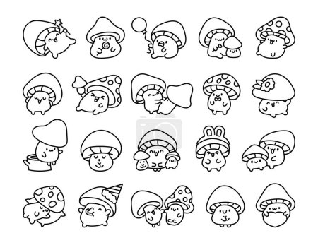 Illustration for Cute kawaii funny mushroom. Coloring Page. Cartoon character in different poses. Hand drawn style. Vector drawing. Collection of design elements. - Royalty Free Image