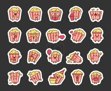 Illustration for Cute kawaii popcorn character. Sticker Bookmark. Cartoon funny striped bucket of crunchy food. Hand drawn style. Vector drawing. Collection of design elements. - Royalty Free Image