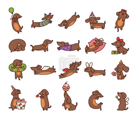 Illustration for Happy kawaii dachshund. Cute cartoon dog characters. Hand drawn style. Vector drawing. Collection of design elements. - Royalty Free Image
