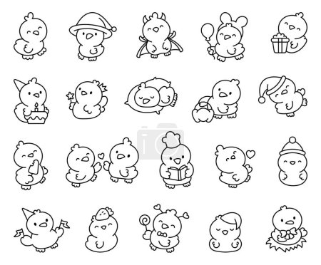 Illustration for Cute kawaii little chick. Coloring Page. Cartoon baby farm birds characters. Hand drawn style. Vector drawing. Collection of design elements. - Royalty Free Image