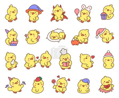Illustration for Cute kawaii little chick. Cartoon baby farm birds characters. Hand drawn style. Vector drawing. Collection of design elements. - Royalty Free Image