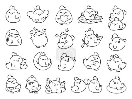 Illustration for Cute kawaii chicken. Coloring Page. Cartoon farm birds characters. Funny domestic animals. Hand drawn style. Vector drawing. Collection of design elements. - Royalty Free Image