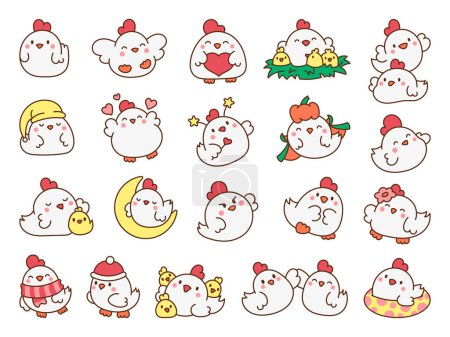 Illustration for Cute kawaii chicken. Cartoon farm birds characters. Funny domestic animals. Hand drawn style. Vector drawing. Collection of design elements. - Royalty Free Image