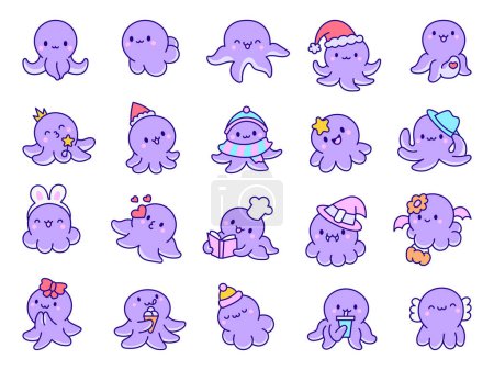 Illustration for Cute kawaii happy octopus. Cartoon underwater animals characters. Hand drawn style. Vector drawing. Collection of design elements. - Royalty Free Image