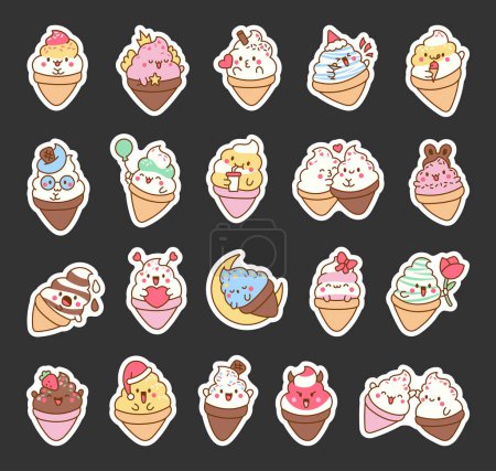 Illustration for Cute kawaii ice cream characters. Sticker Bookmark. Cartoon sweet smiling dessert. Hand drawn style. Vector drawing. Collection of design elements. - Royalty Free Image