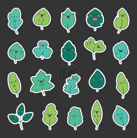 Illustration for Funny kawaii leaf cartoon character. Sticker Bookmark. Cute nature plant. Hand drawn style. Vector drawing. Collection of design elements. - Royalty Free Image
