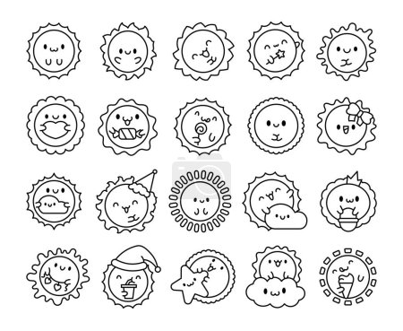 Illustration for Cute kawaii sun with face. Coloring Page. Cartoon smiling characters. Hand drawn style. Vector drawing. Collection of design elements. - Royalty Free Image