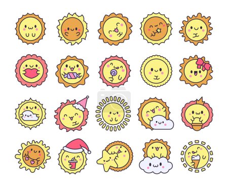 Illustration for Cute kawaii sun with face. Cartoon smiling characters. Hand drawn style. Vector drawing. Collection of design elements. - Royalty Free Image