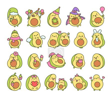 Illustration for Kawaii cute avocado with funny faces. Cartoon happy food characters. Hand drawn style. Vector drawing. Collection of design elements. - Royalty Free Image