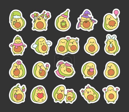 Illustration for Kawaii cute avocado with funny faces. Sticker Bookmark. Cartoon happy food characters. Hand drawn style. Vector drawing. Collection of design elements. - Royalty Free Image