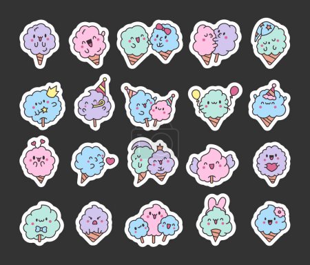 Illustration for Cute kawaii cotton candy with a smile. Sticker Bookmark. Sweet sugar cartoon food character. Hand drawn style. Vector drawing. Collection of design elements. - Royalty Free Image