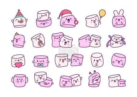 Illustration for Kawaii marshmallow cute face character. Cartoon happy food. Hand drawn style. Vector drawing. Collection of design elements. - Royalty Free Image