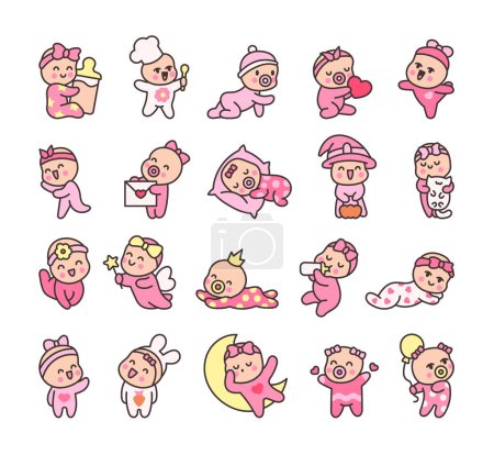 Illustration for Cute baby girl. Cartoon little newborn character. Hand style. Vector drawing. Collection of design elements. - Royalty Free Image