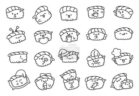 Téléchargez les illustrations : Drôle de sushi kawaii avec des visages mignons. Coloriage. Cuisine traditionnelle japonaise personnages de plats. Style dessiné à la main. Le dessin vectoriel. Collection d'éléments de design. - en licence libre de droit