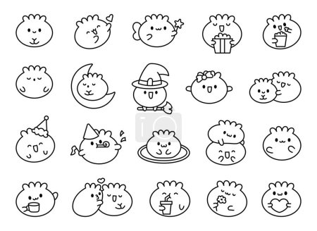 Illustration for Cute kawaii smiling dim sum. Coloring Page. Happy cartoon dumpling character. Asian chinese food menu. Hand drawn style. Vector drawing. Collection of design elements. - Royalty Free Image