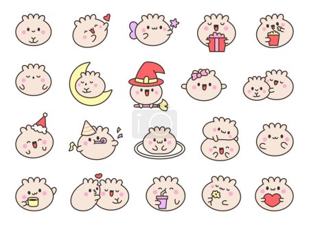 Illustration for Cute kawaii smiling dim sum. Happy cartoon dumpling character. Asian chinese food menu. Hand drawn style. Vector drawing. Collection of design elements. - Royalty Free Image