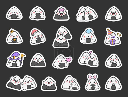 Illustration for Cute kawaii onigiri. Sticker Bookmark. Funny sushi cartoon character. Asian rice and nori food. Hand drawn style. Vector drawing. Collection of design elements. - Royalty Free Image
