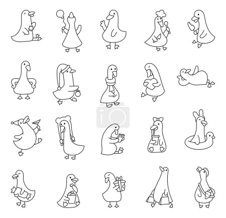 Illustration for Funny farm duck characters. Coloring Page. Cute cartoon kawaii goose. Hand drawn style. Vector drawing. Collection of design elements. - Royalty Free Image