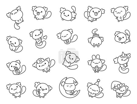 Illustration for Cute kawaii axolotl. Coloring Page. Cartoon funny animals characters. Hand drawn style. Vector drawing. Collection of design elements. - Royalty Free Image