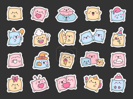 Illustration for Kawaii pillow with cute face. Sticker Bookmark. Cartoon happy character. Hand drawn style. Vector drawing. Collection of design elements. - Royalty Free Image