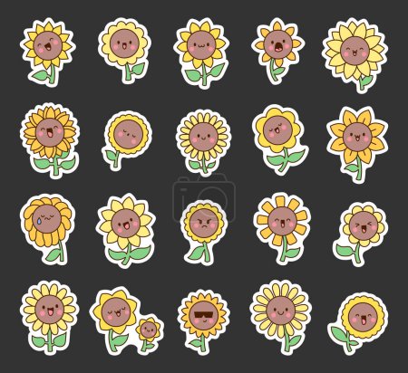 Illustration for Kawaii cute sunflower. Sticker Bookmark. Cartoon flower characters with happy smile. Hand drawn style. Vector drawing. Collection of design elements. - Royalty Free Image