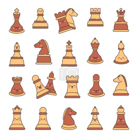 Illustration for Cute chess pieces with happy face. King, queen, bishop, knight, rook, pawn. Cartoon kawaii character. Hand drawn style. Vector drawing. Collection of design elements. - Royalty Free Image