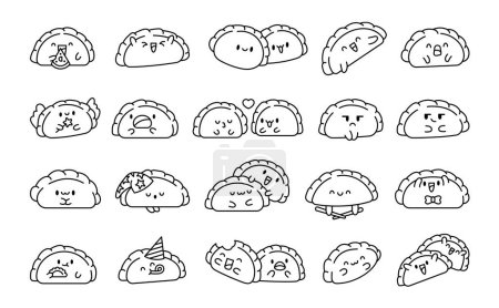 Cute kawaii dumpling. Coloring Page. Cartoon Chinese food characters. Hand drawn style. Vector drawing. Collection of design elements.