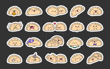 Illustration for Cute kawaii dumpling. Sticker Bookmark. Cartoon Chinese food characters. Hand drawn style. Vector drawing. Collection of design elements. - Royalty Free Image