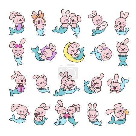 Illustration for Cute kawaii bunny mermaid. Cartoon little rabbit. Fantasy animal characters. Hand drawn style. Vector drawing. Collection of design elements. - Royalty Free Image